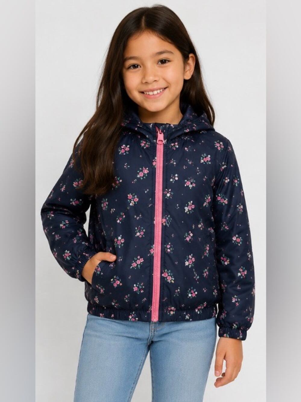 GAP Kids Floral Water Resistant Hooded Rain Jacket Girls Medium (8)